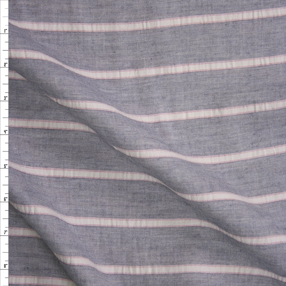 Blue, Pink, and Offwhite Stripe Cotton Double Gauze Fabric By The Yard
