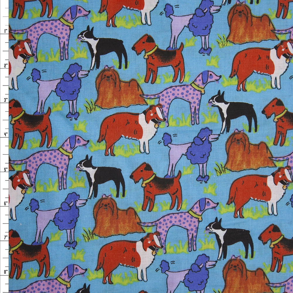 Artsy Dogs on Turquoise Quilter’s Cotton Fabric By The Yard