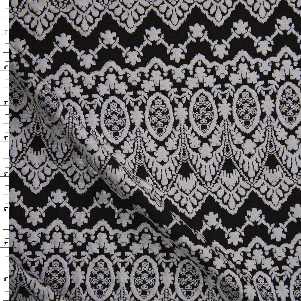 Offwhite on Black Scalloped Pattern Textured Double Knit Fabric By The Yard