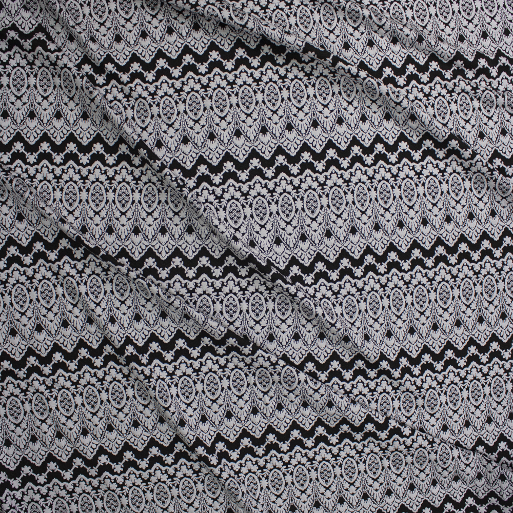 Offwhite on Black Scalloped Pattern Textured Double Knit Fabric By The Yard - Wide shot