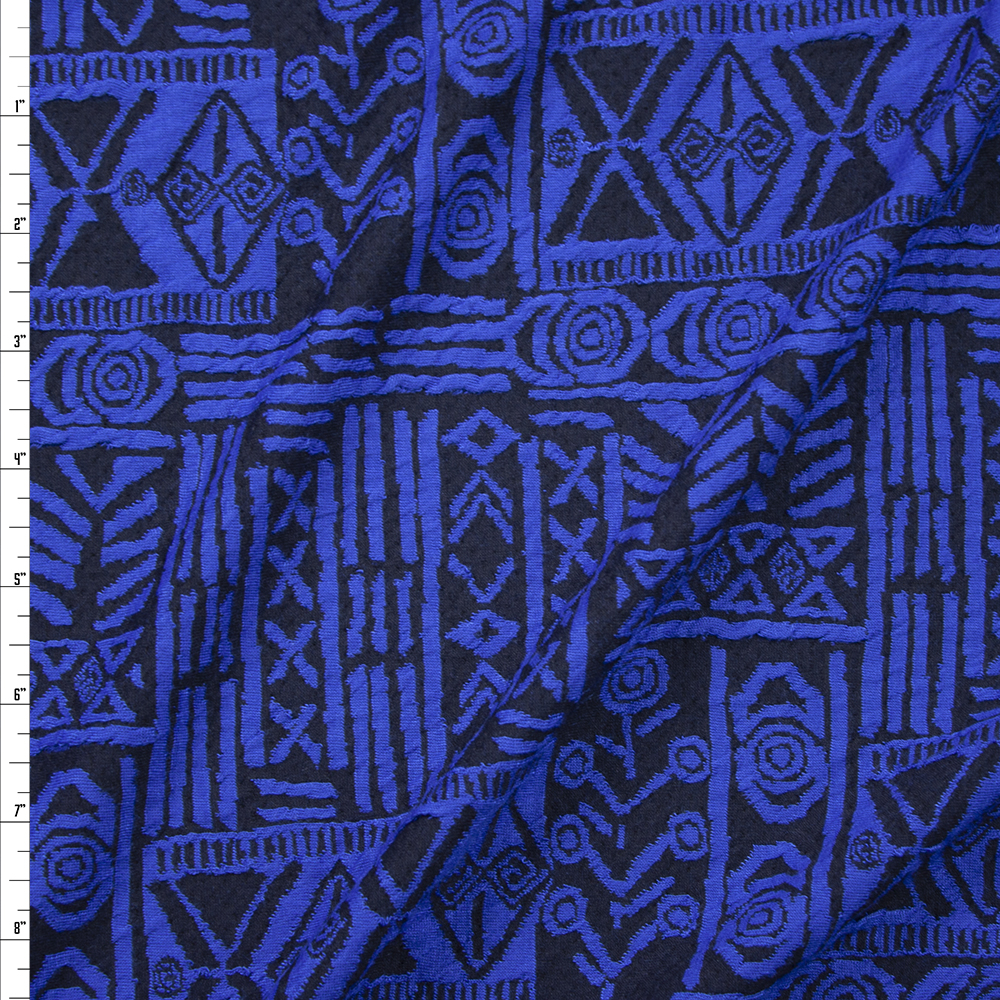 Royal Blue and Black Tribal Pattern Textured Double Knit Fabric By The Yard