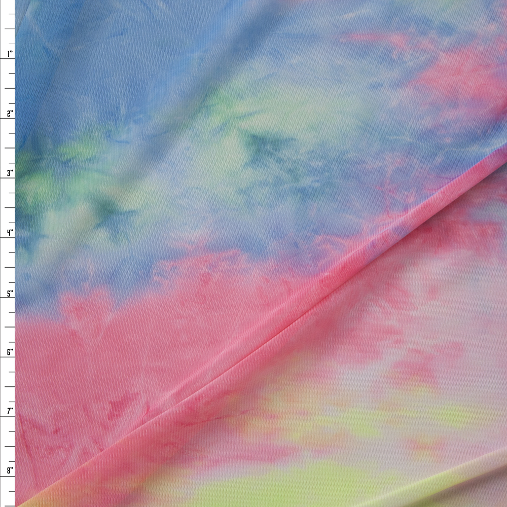 Pink, Blue, and Yellow Tie Dye Power Mesh Fabric By The Yard