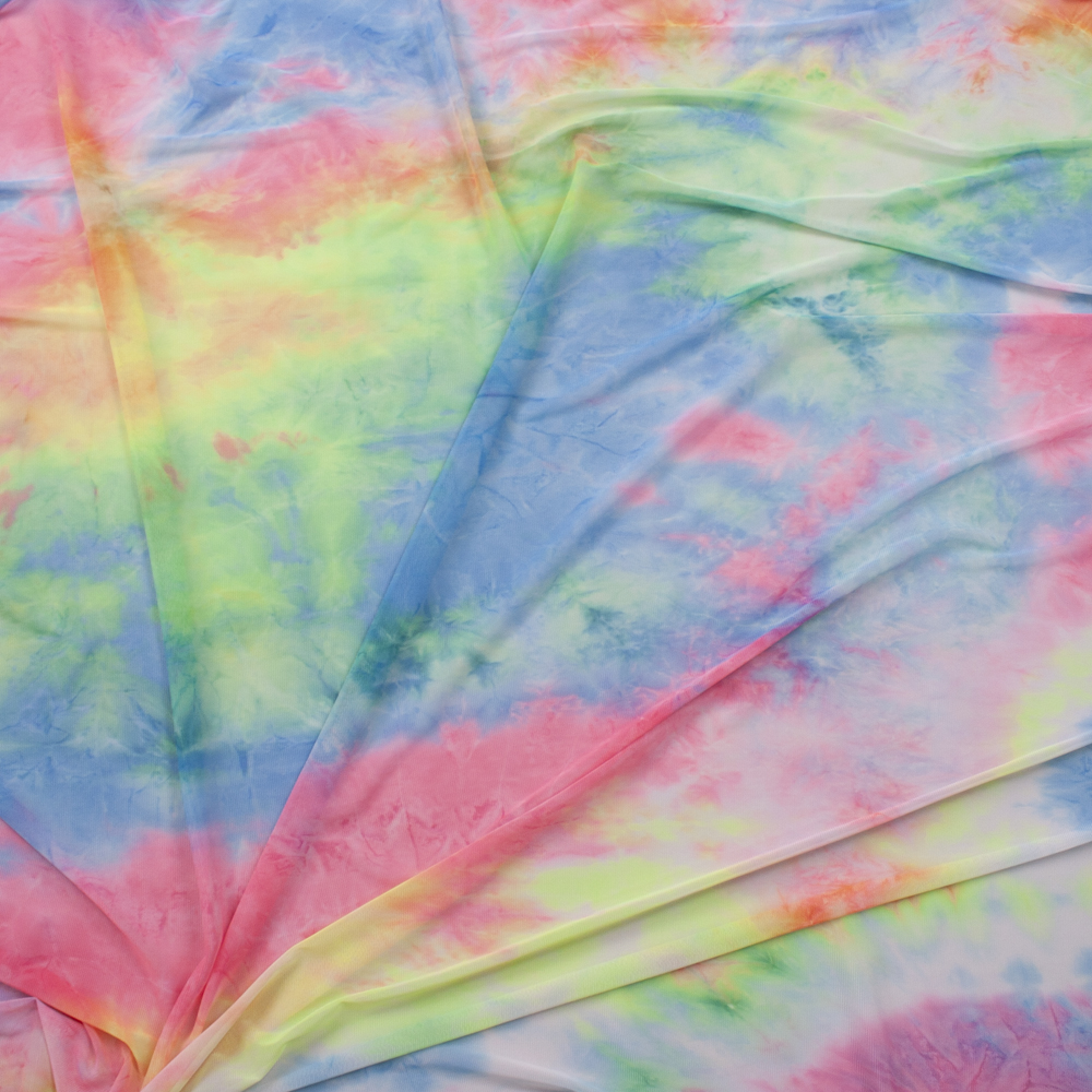 Pink, Blue, and Yellow Tie Dye Power Mesh Fabric By The Yard - Wide shot