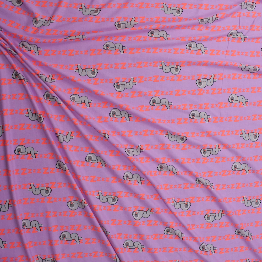 Sleepy Sloths on Lilac Double Brushed Poly/Spandex Knit Fabric By The Yard - Wide shot