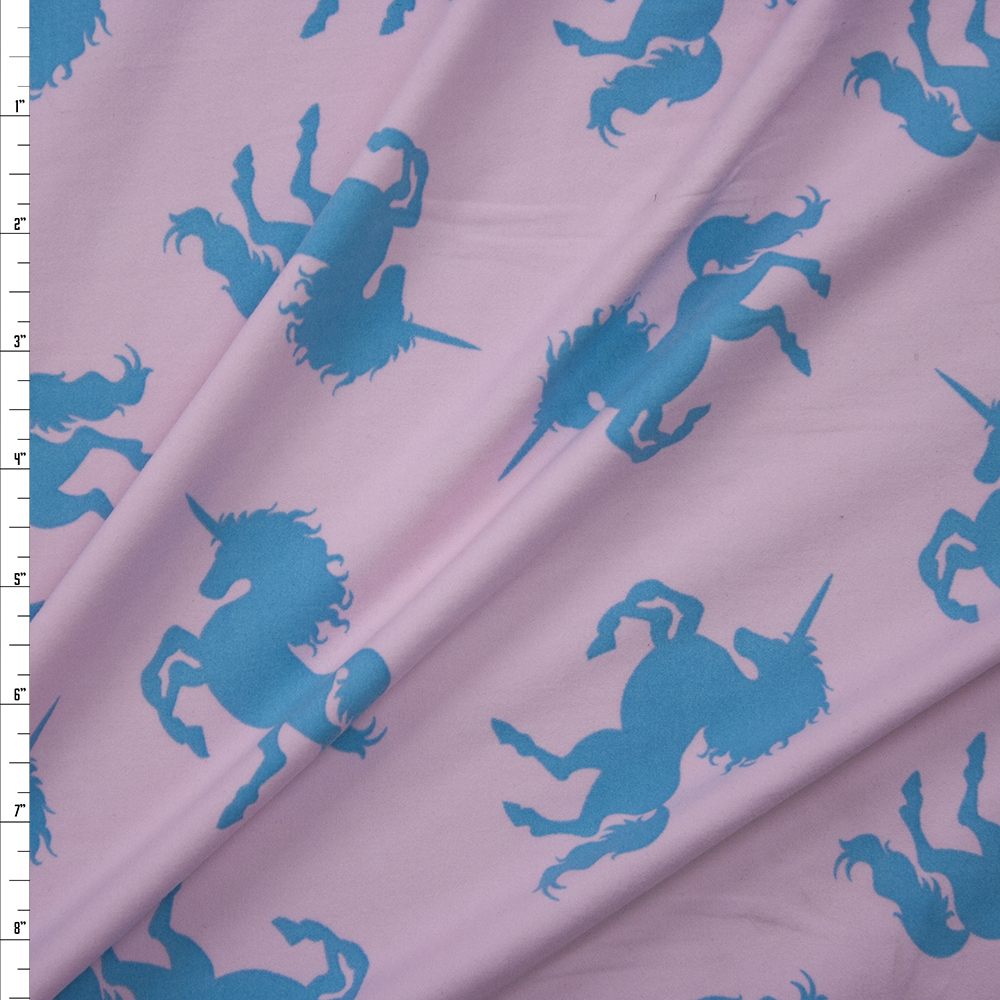 Turquoise Unicorns on Blush Double Brushed Poly/Spandex Knit Fabric By The Yard