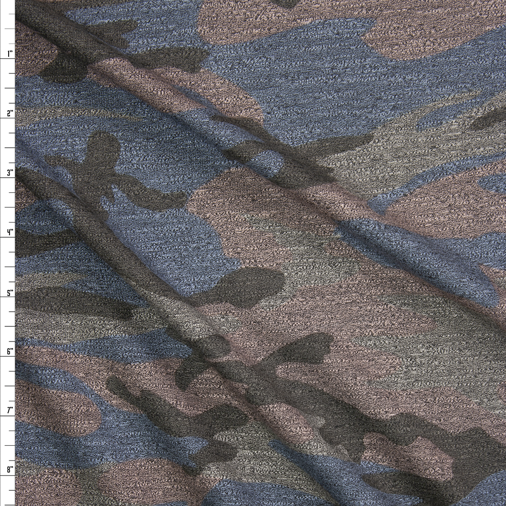 Tan, Brown, Slate, and Pink Heather Camouflage Stretch Midweight French Terry Fabric By The Yard