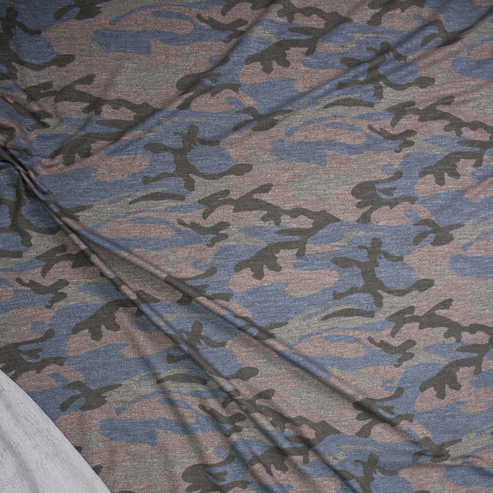 Tan, Brown, Slate, and Pink Heather Camouflage Stretch Midweight French Terry Fabric By The Yard - Wide shot