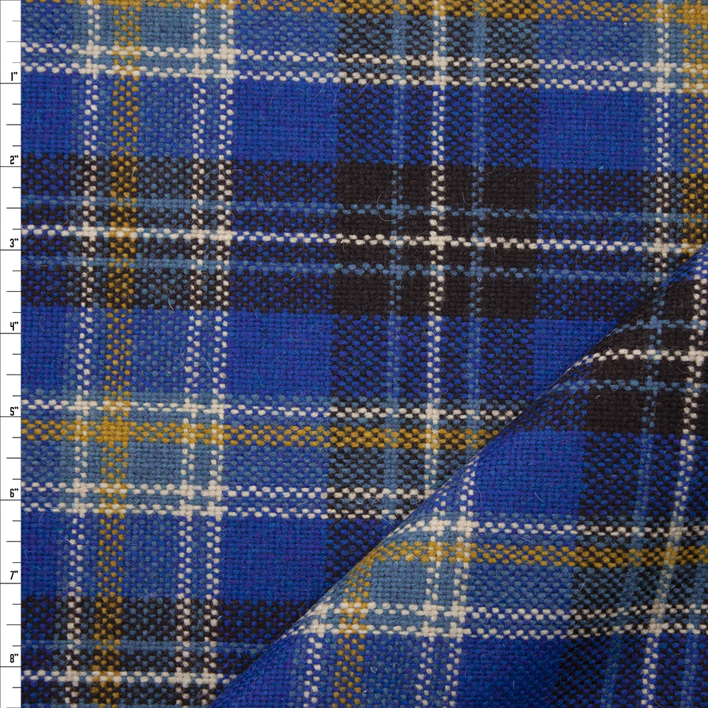 Bright Blue, Brown, and Yellow Plaid Designer Wool Coating Fabric By The Yard