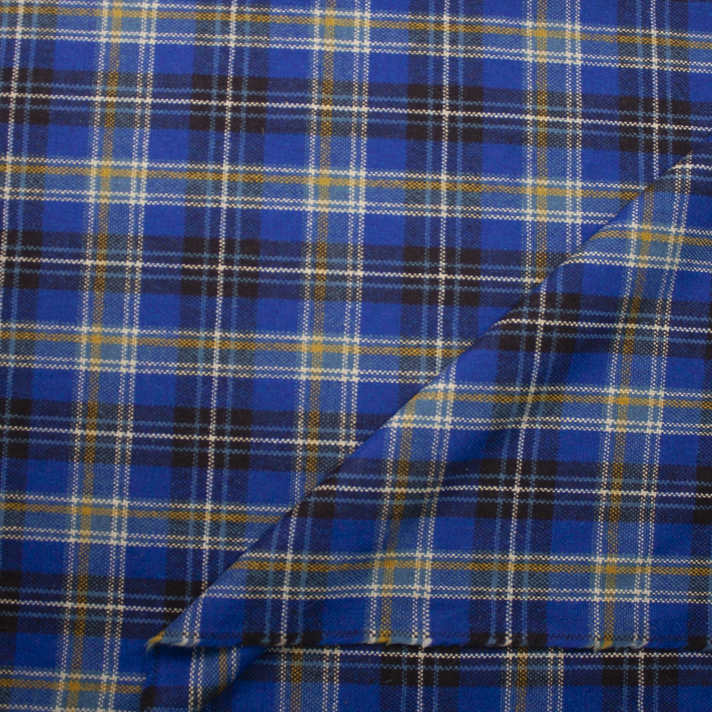 Bright Blue, Brown, and Yellow Plaid Designer Wool Coating Fabric By The Yard - Wide shot