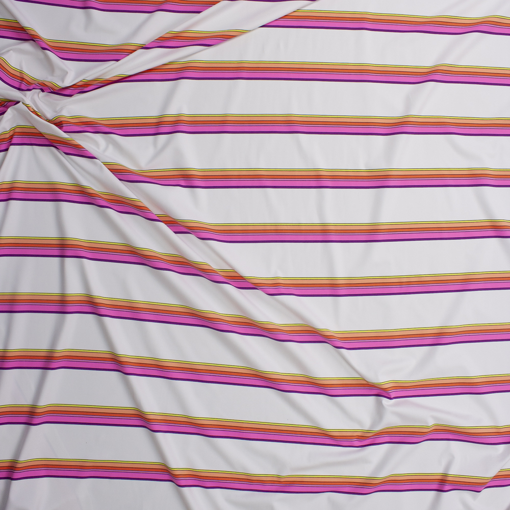 Neon Pink, Orange, and Yellow Stripe on White Designer Nylon/Spandex from Manhattan Beachwear Fabric By The Yard - Wide shot