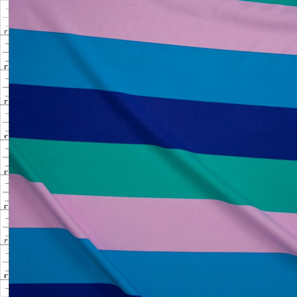 Blue, Purple, Green, and Blush 1.75” Horizontal Stripe Designer Nylon/Spandex from Manhattan Beachwear Fabric By The Yard