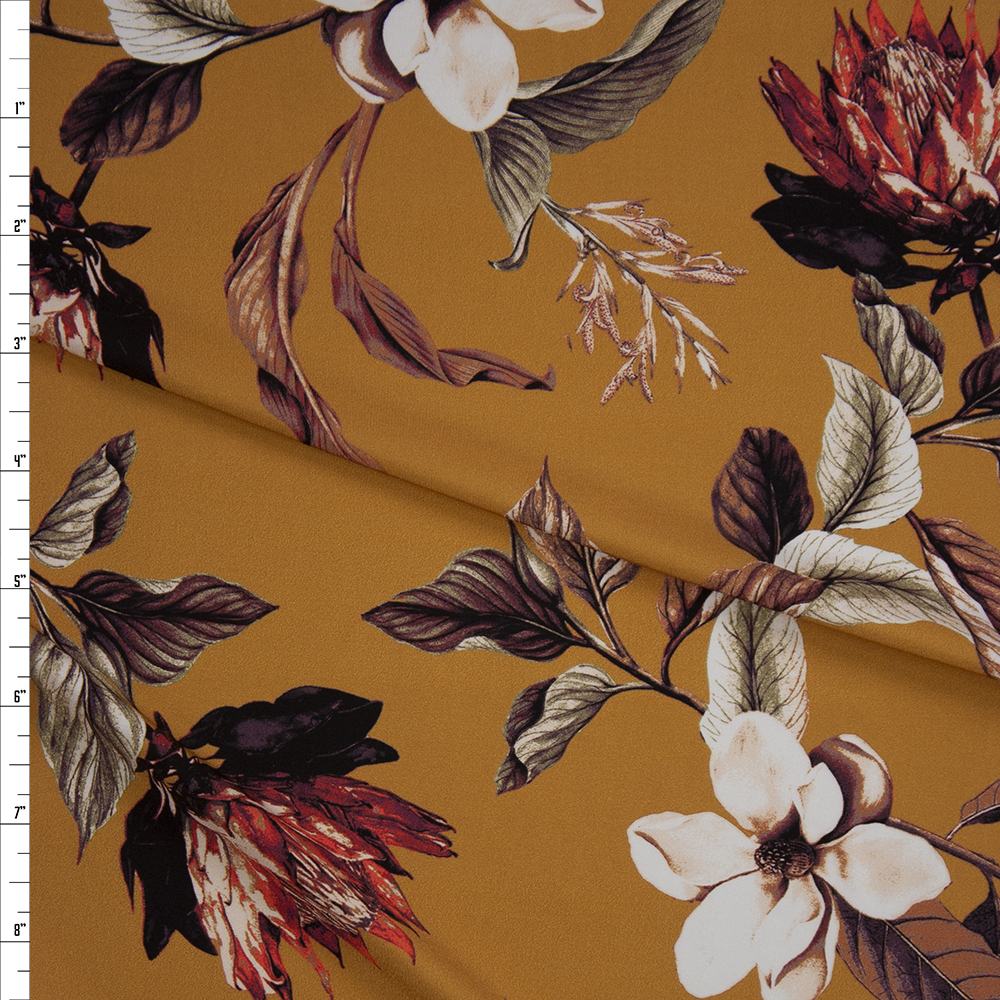 Burnt Orange, Taupe, and Offwhite Floral on Mustard Designer Nylon/Spandex from Manhattan Beachwear Fabric By The Yard