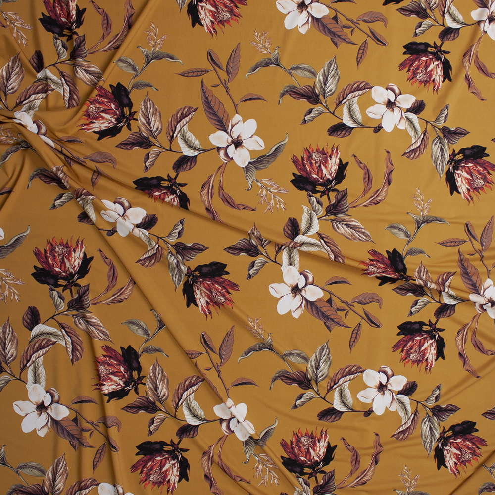 Burnt Orange, Taupe, and Offwhite Floral on Mustard Designer Nylon/Spandex from Manhattan Beachwear Fabric By The Yard - Wide shot