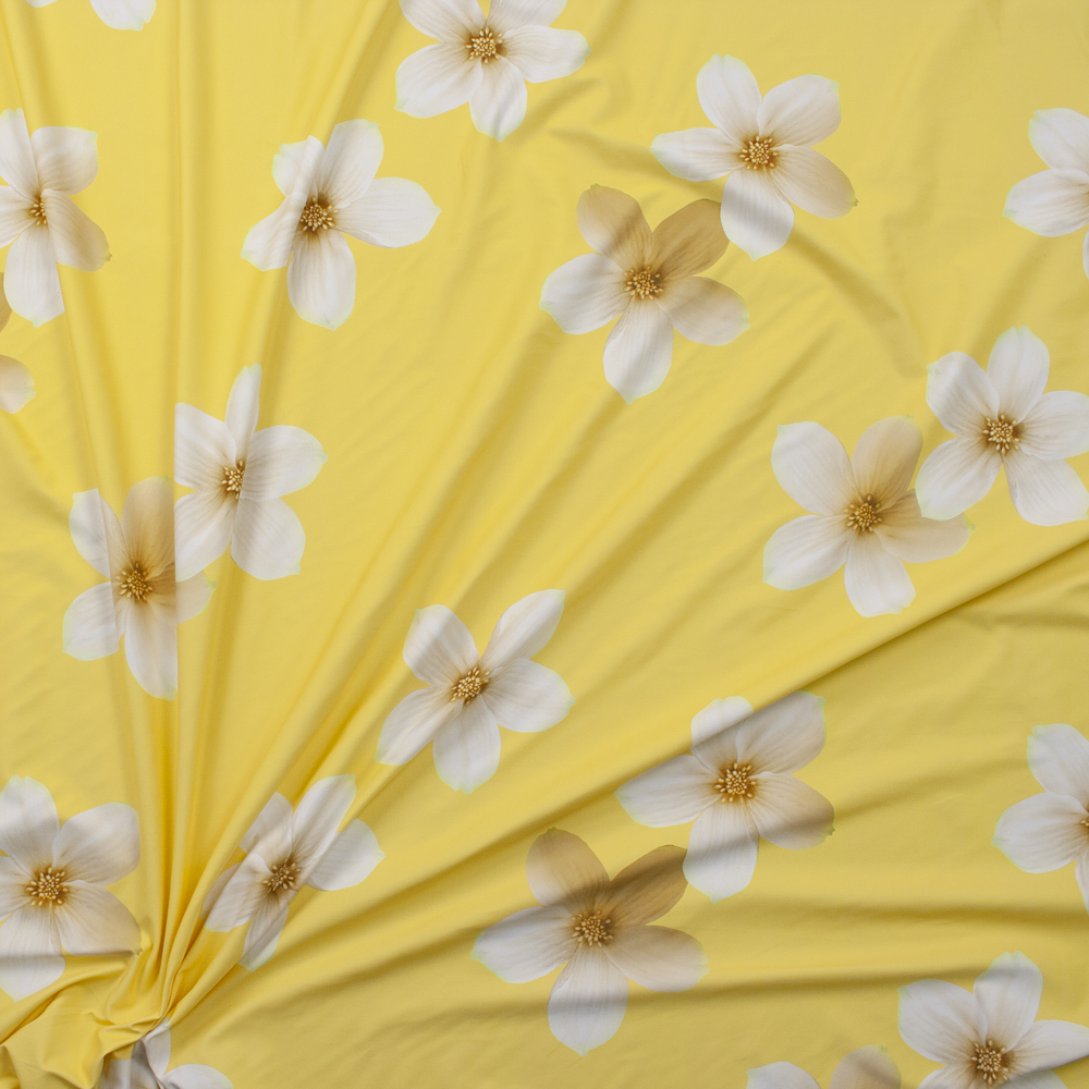Offwhite Floral on Yellow Designer Nylon/Spandex from Manhattan Beachwear Fabric By The Yard - Wide shot