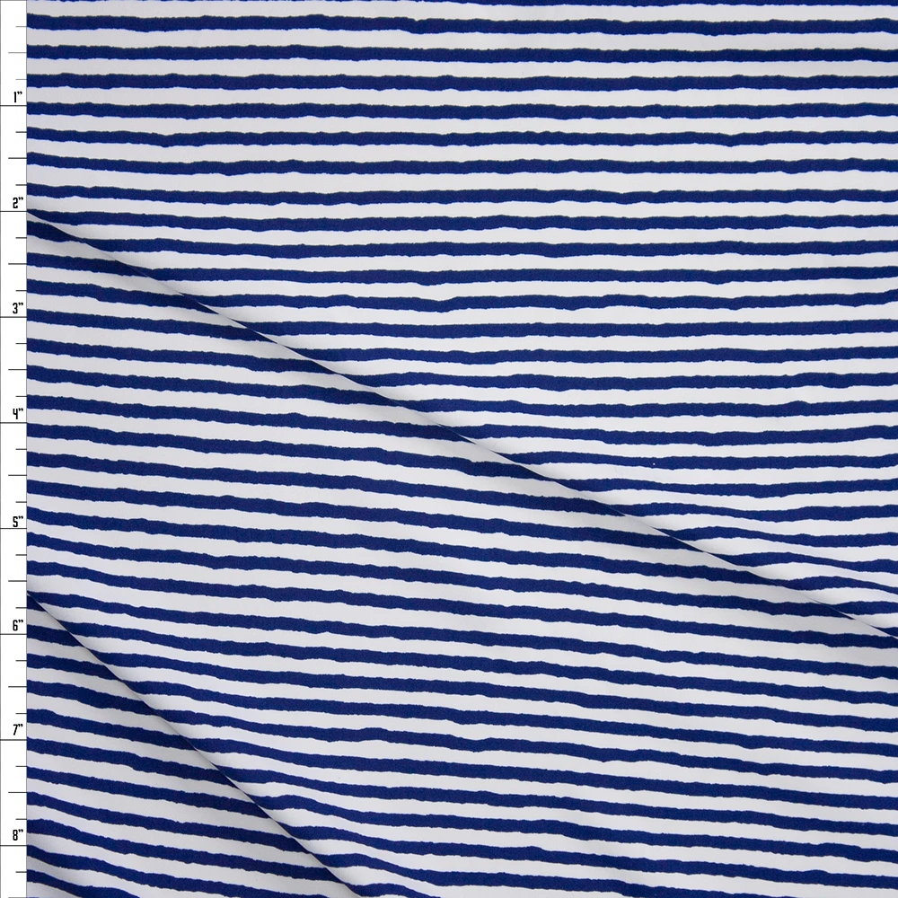 Blue on White Horizontal Paint Stripe Designer Nylon/Spandex from Manhattan Beachwear Fabric By The Yard