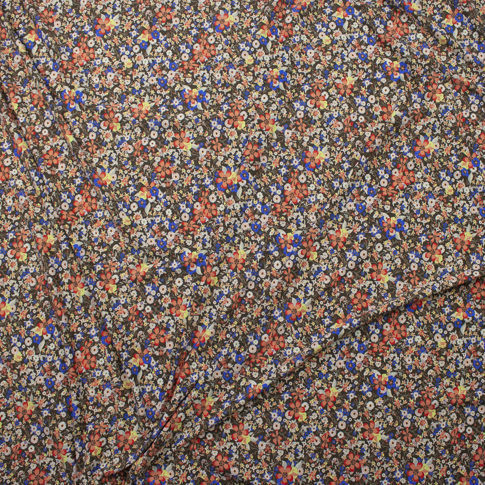 Orange, Yellow, and Offwhite Floral on Olive Designer Nylon/Spandex from Manhattan Beachwear Fabric By The Yard - Wide shot