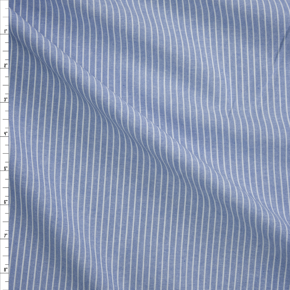 White on Blue Pinstripes Chambray Fabric By The Yard