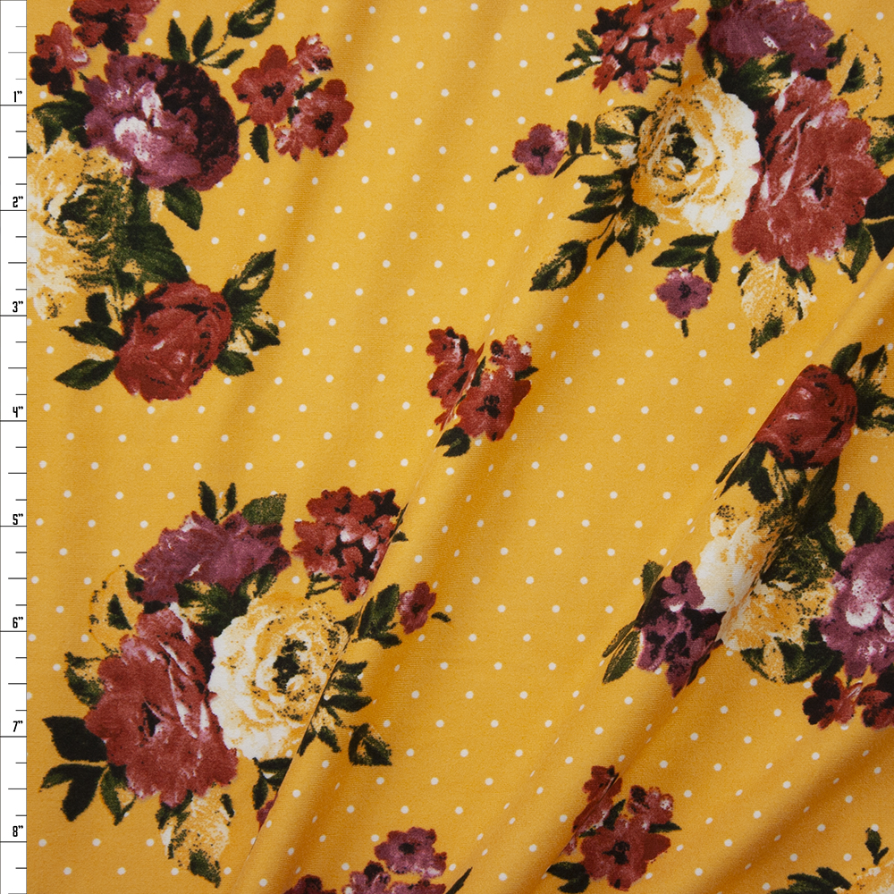 Rust and Magenta Floral on White on Yellow Polka Dot Double Brushed Poly/Spandex Fabric By The Yard