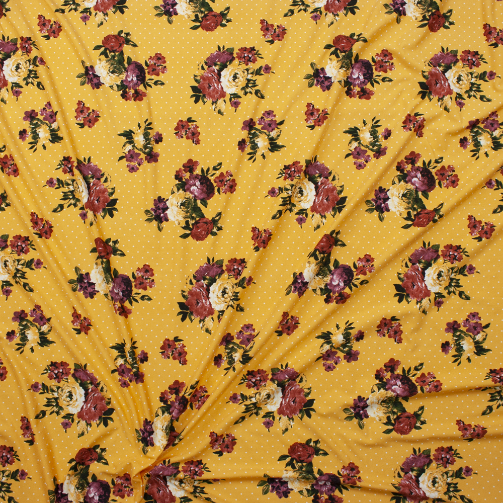 Rust and Magenta Floral on White on Yellow Polka Dot Double Brushed Poly/Spandex Fabric By The Yard - Wide shot