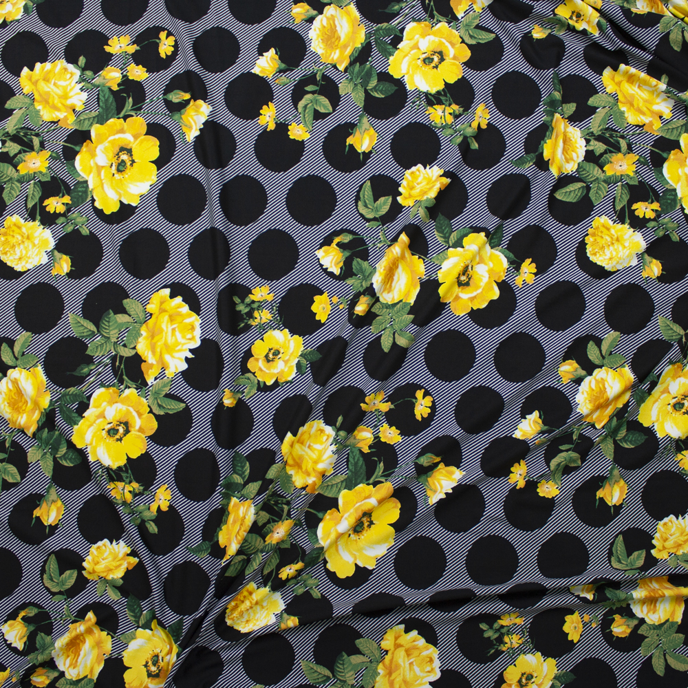 Yellow Floral on Black and White Dogs and Stripes Double Brushed Poly/Spandex Fabric By The Yard - Wide shot