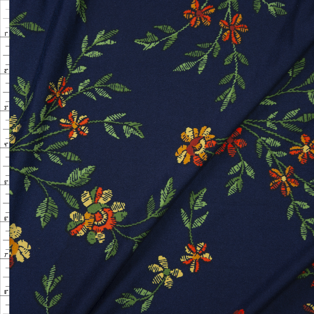 Orange, Green, and Yellow Grunge Floral on Navy Brushed Poly/Spandex Fabric By The Yard