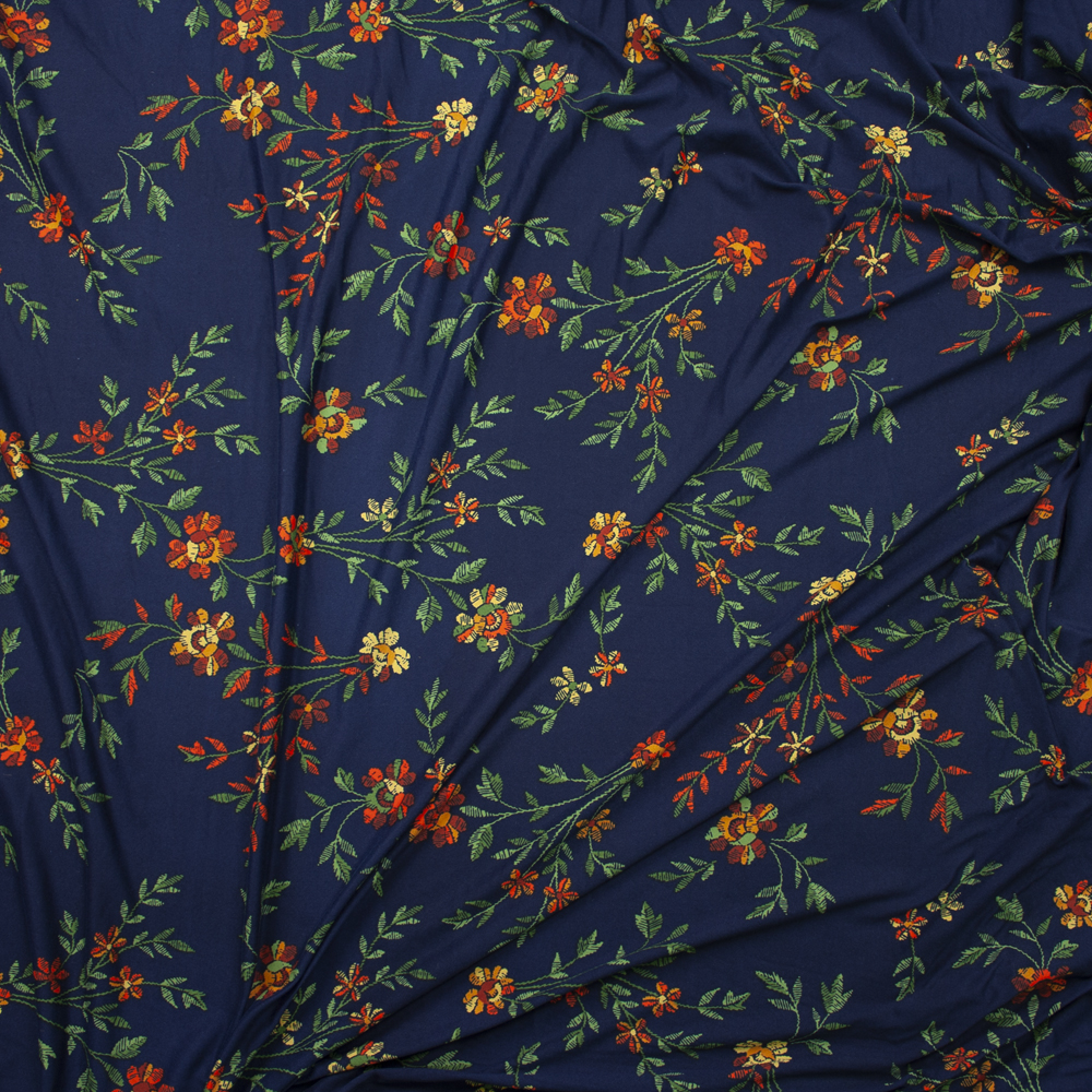 Orange, Green, and Yellow Grunge Floral on Navy Brushed Poly/Spandex Fabric By The Yard - Wide shot