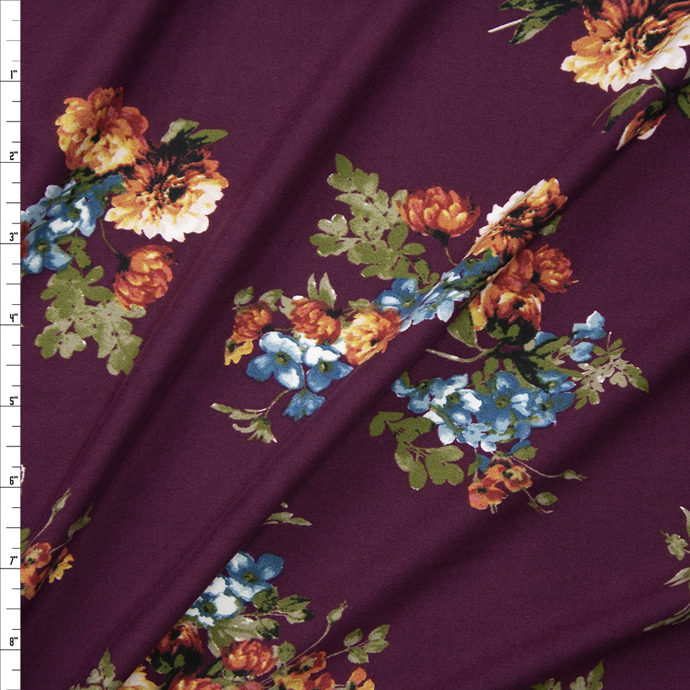 Orange and Blue Floral on Wine Double Brushed Poly/Spandex Fabric By The Yard