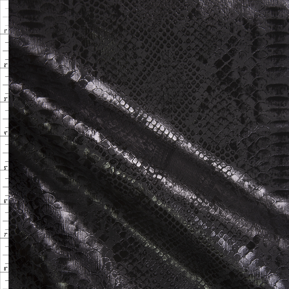 Black Glossy Snakeskin on Black Stretch Baby Wale Corduroy Fabric By The Yard