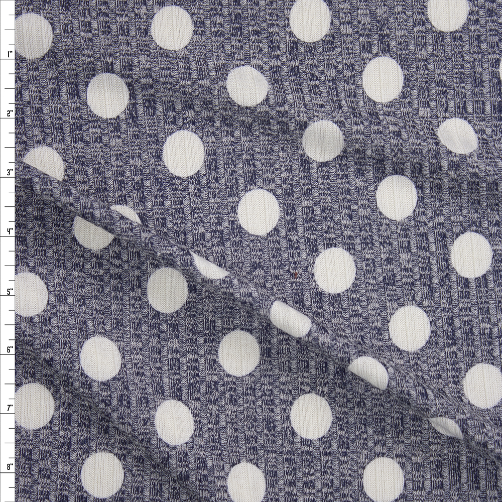White Dots on Heather Navy Ribbed Sweater Knit Fabric By The Yard