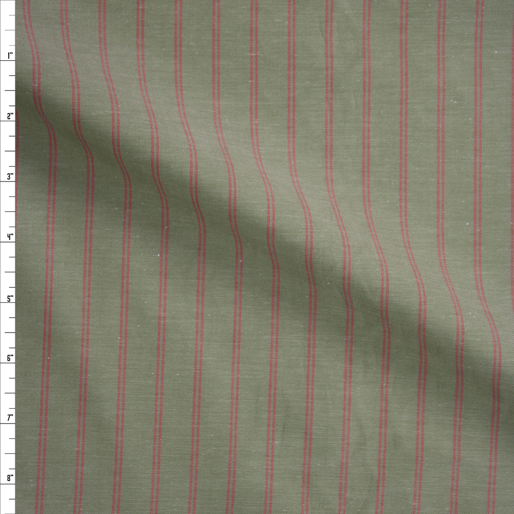 Red Double Pinstripe on Sage Green Fine Cotton Shirting Fabric By The Yard