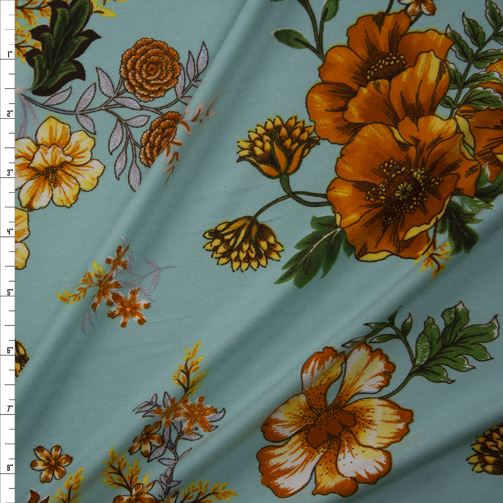 Golden Poppies on Tiffany Blue Double Brushed Poly Spandex Knit Fabric By The Yard