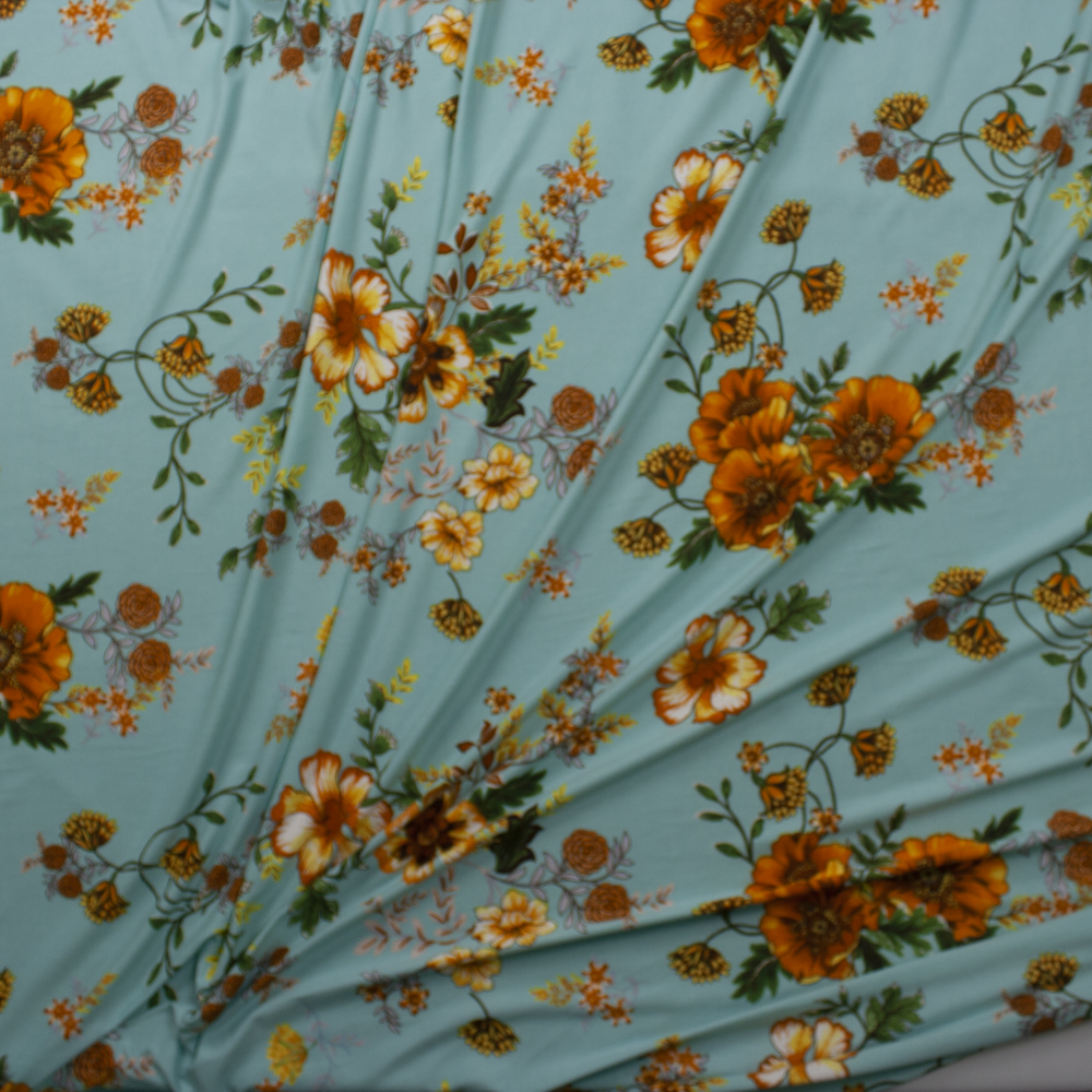 Golden Poppies on Tiffany Blue Double Brushed Poly Spandex Knit Fabric By The Yard - Wide shot