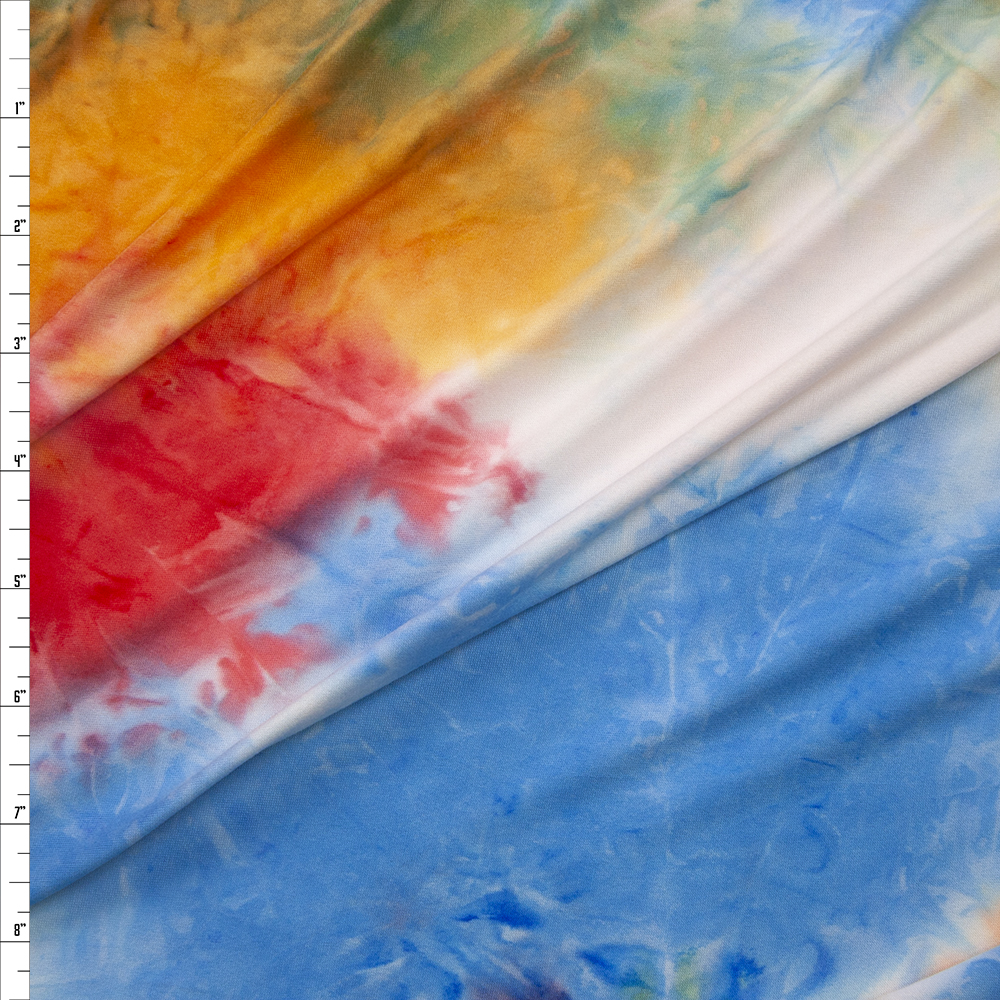 Red, White, Blue, and Orange Tie Dye Double Brushed Poly Spandex Knit Fabric By The Yard