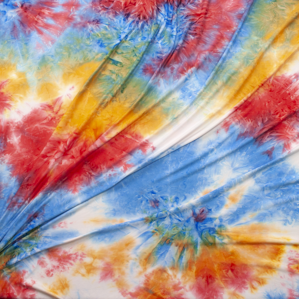 Red, White, Blue, and Orange Tie Dye Double Brushed Poly Spandex Knit Fabric By The Yard