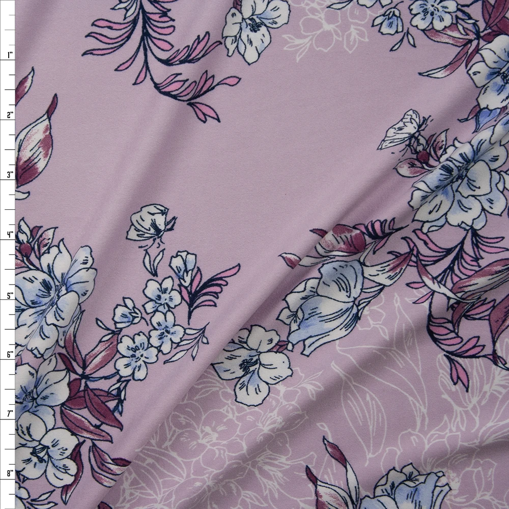 White, Light Blue, and Plum Floral on Pale Lavender Double Brushed Poly Spandex Knit Fabric By The Yard