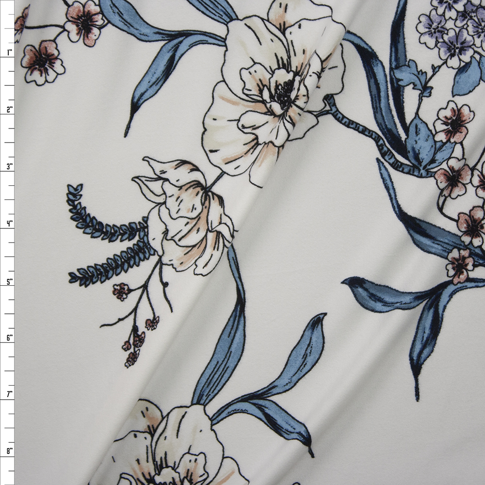 Teal, Pink, and Ivory Floral on Warm White Double Brushed Poly Spandex Knit Fabric By The Yard