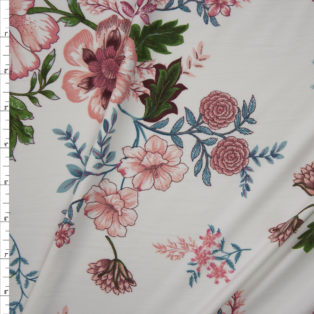 Pink, Green, and Teal Scrolling Floral on Offwhite Double Brushed Poly Spandex Knit Fabric By The Yard