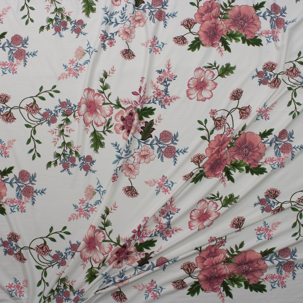 Pink, Green, and Teal Scrolling Floral on Offwhite Double Brushed Poly Spandex Knit Fabric By The Yard - Wide shot