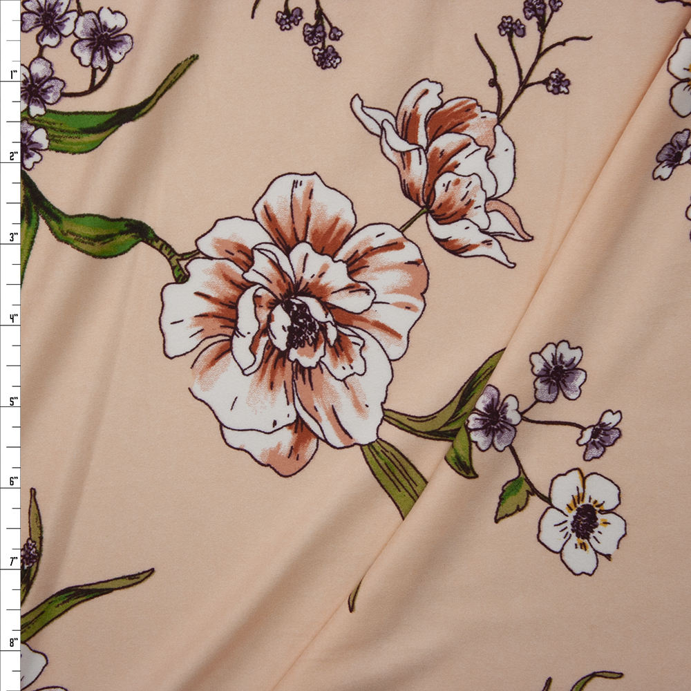 Green, Rose, Purple, and Yellow Flowering Branch on Peach Double Brushed Poly Spandex Knit Fabric By The Yard