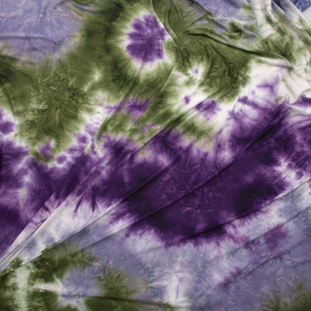 Olive, Plum, Dusty Lavender, and Avocado Tie Dye Double Brushed Poly Spandex Knit Fabric By The Yard - Wide shot