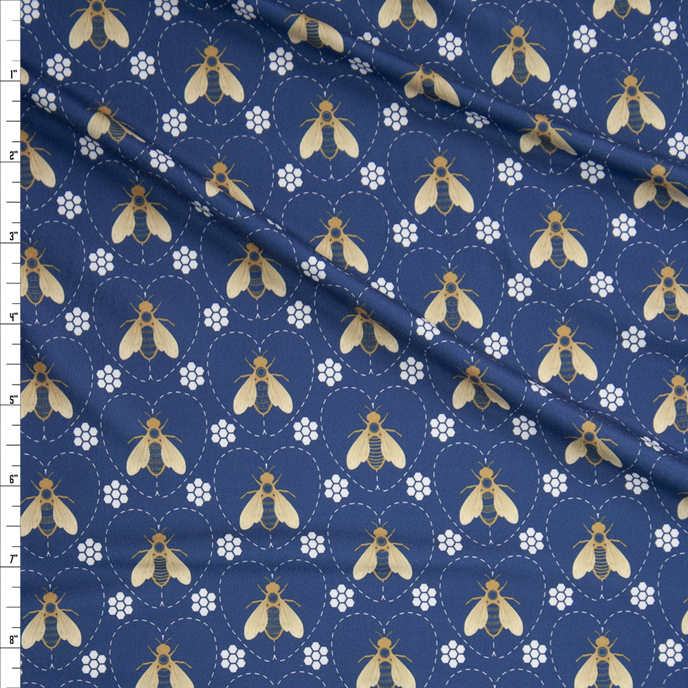 Bees and Hearts on Deep Slate Marketa Double Brushed Poly Spandex Knit Fabric By The Yard