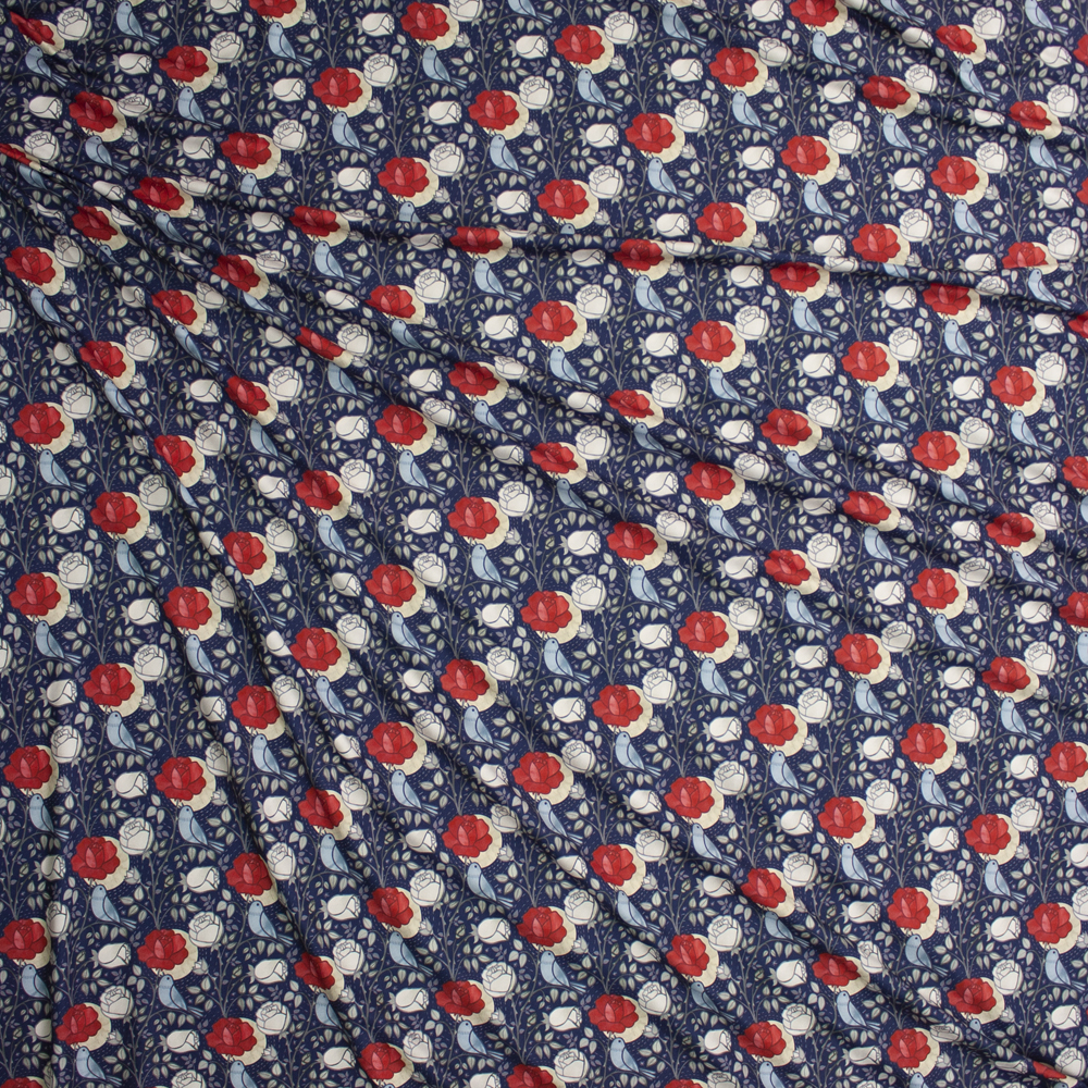 Roses and Bluebirds on Navy Marketa Double Brushed Poly Spandex Knit Fabric By The Yard - Wide shot