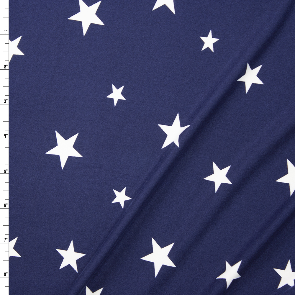 White on Navy Stars Double Brushed Poly Spandex Knit Fabric By The Yard
