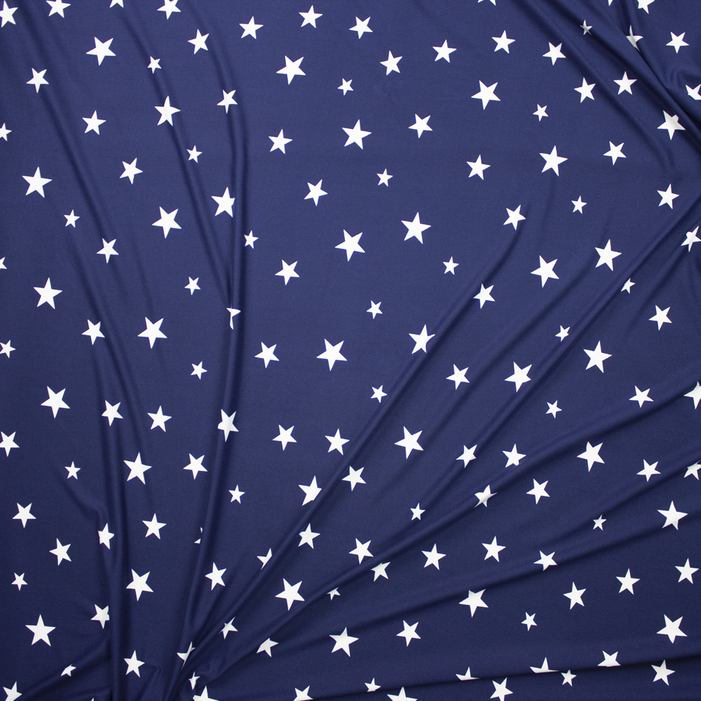 White on Navy Stars Double Brushed Poly Spandex Knit Fabric By The Yard - Wide shot