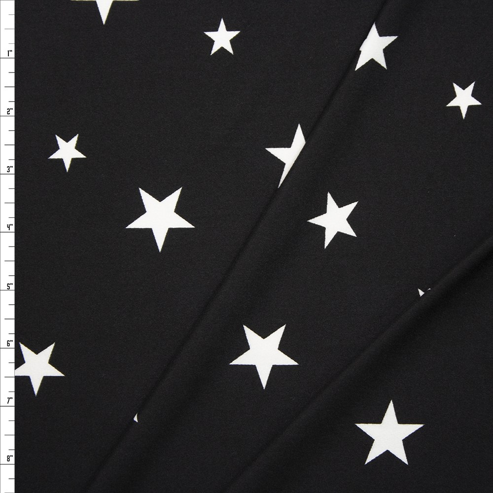 White on Black Stars Double Brushed Poly Spandex Knit Fabric By The Yard