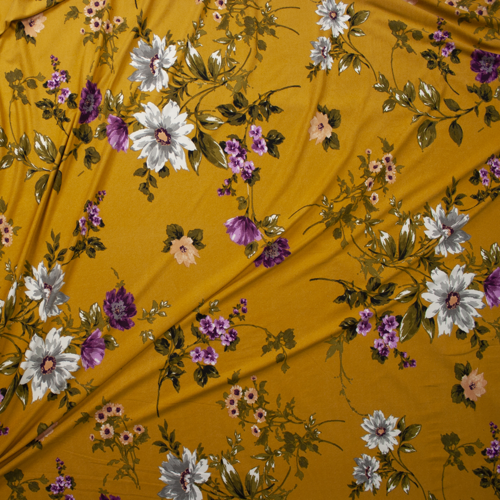 White, Olive, and Plum Floral on Mustard Double Brushed Poly Spandex Knit Fabric By The Yard - Wide shot