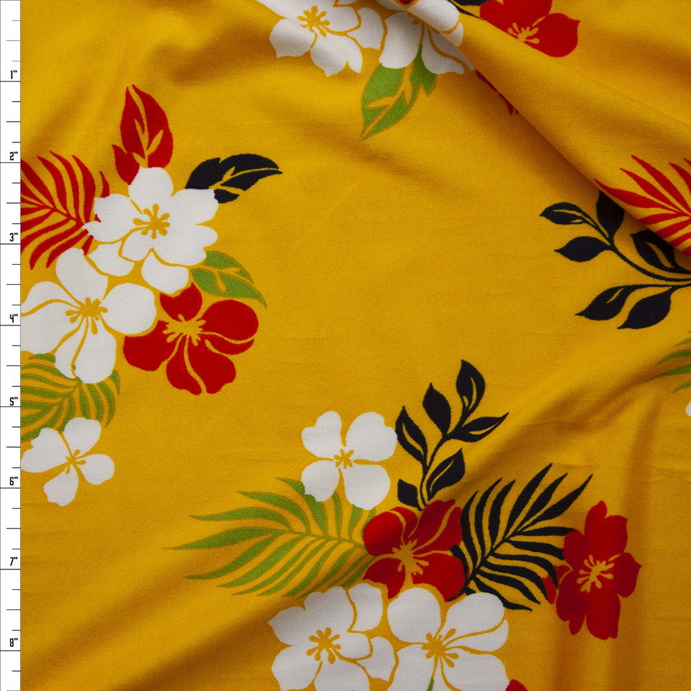 White, Red, Black, and Green Hawaiian Floral on Yellow Double Brushed Poly Spandex Knit Fabric By The Yard