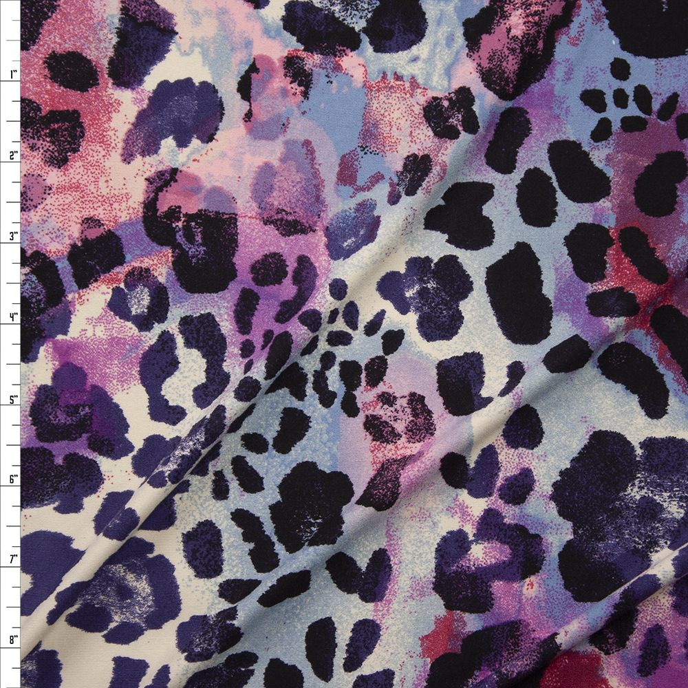 Purple, Wine, Light Blue, and White Blotch Leopard Print Double Brushed Poly Spandex Knit Fabric By The Yard