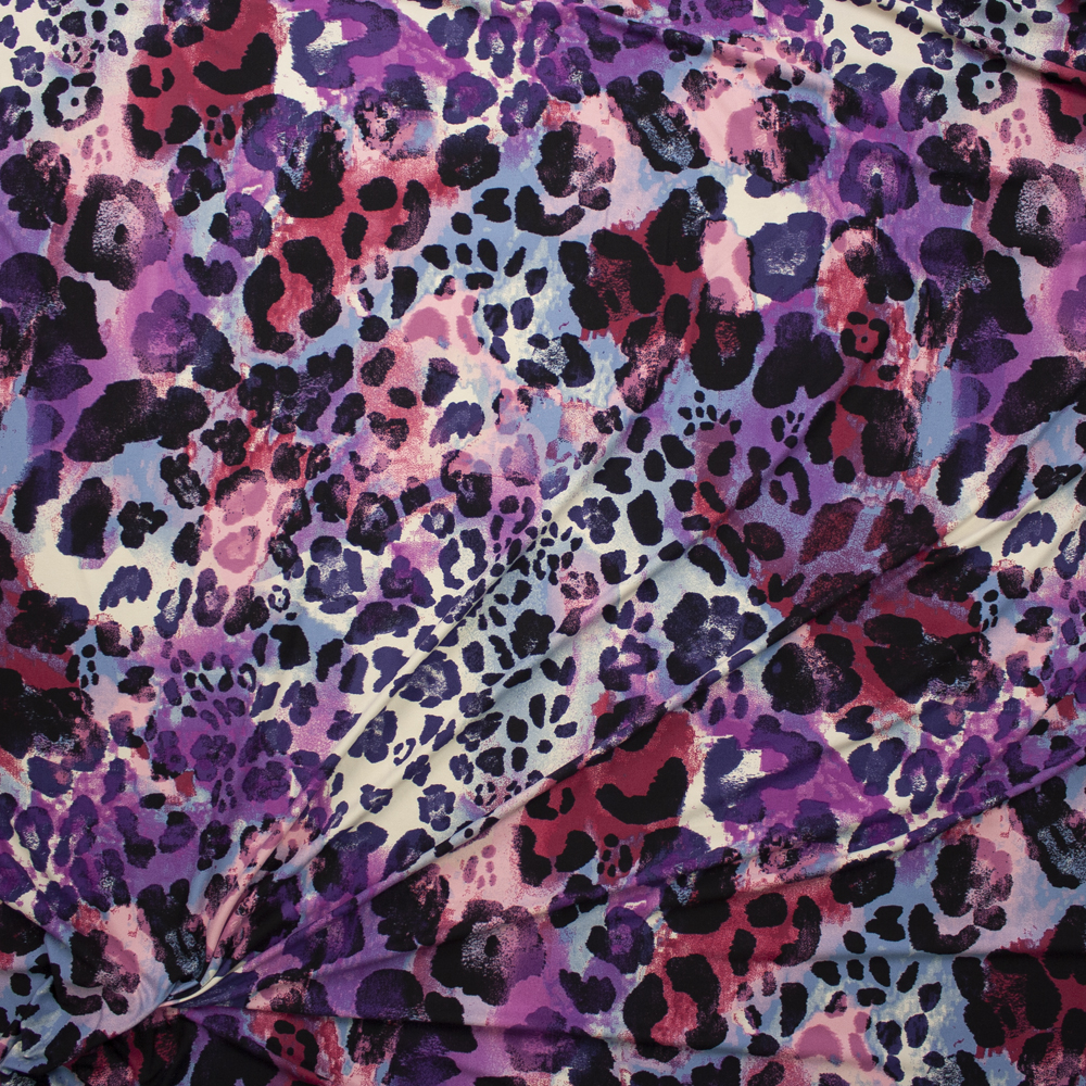 Purple, Wine, Light Blue, and White Blotch Leopard Print Double Brushed Poly Spandex Knit Fabric By The Yard - Wide shot