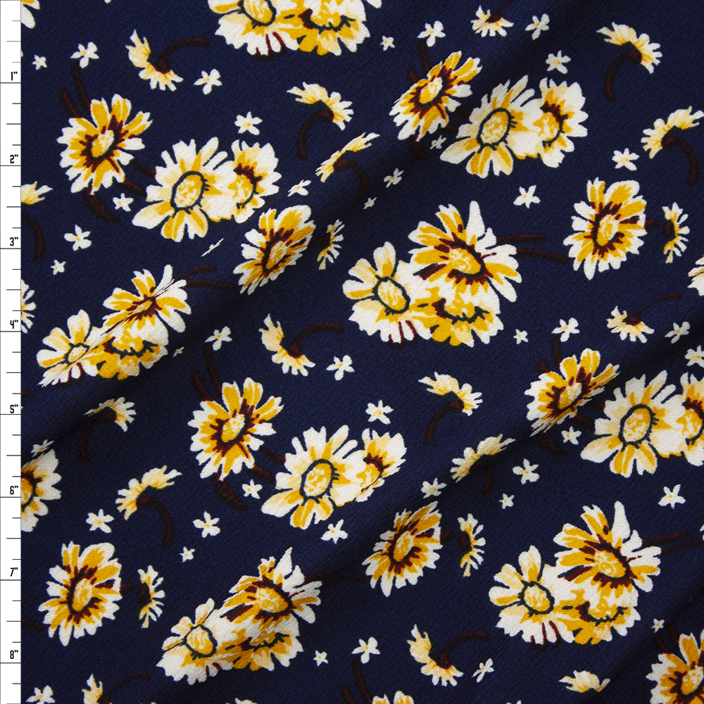 White and Yellow Daisies on Navy Crepe Liverpool Knit Fabric By The Yard